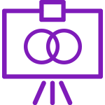 Purple outline of a clip board with two circles overlapping in the middle